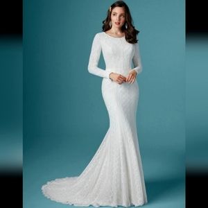 Boho wedding dress, modest, long sleve, lace, fit and flare trumpet dress